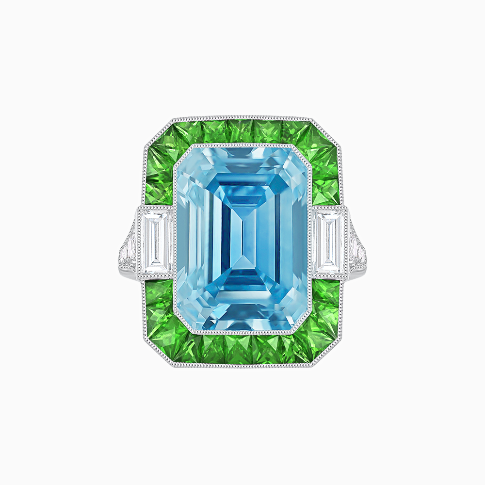 Platinum Aquamarine & Tsavorite Art Deco–Inspired Ring with Baguette and Round Diamonds
