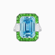 Platinum Aquamarine & Tsavorite Art Deco–Inspired Ring with Baguette and Round Diamonds