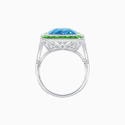 Platinum Aquamarine & Tsavorite Art Deco–Inspired Ring with Baguette and Round Diamonds