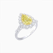 Pear-Shaped Fancy Yellow Diamond Ring with Diamond Halo and Handcrafted Milgrain