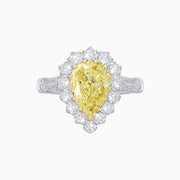 Pear-Shaped Fancy Yellow Diamond Ring with Diamond Halo and Handcrafted Milgrain