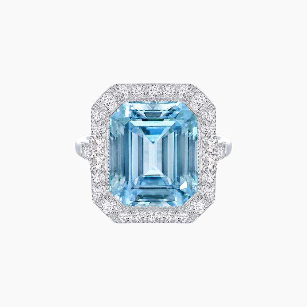 “Ocean’s Embrace” – Platinum Aquamarine & Diamond Art Deco Inspired Halo Ring