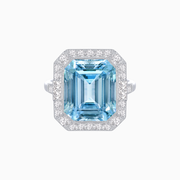 “Ocean’s Embrace” – Platinum Aquamarine & Diamond Art Deco Inspired Halo Ring