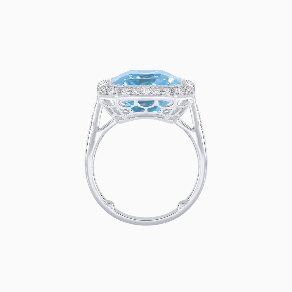 “Ocean’s Embrace” – Platinum Aquamarine & Diamond Art Deco Inspired Halo Ring