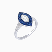 Platinum 950 Marquise Diamond & French-Cut Blue Sapphire Ring with Split Shank and Milgrain Accents