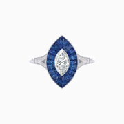 Platinum 950 Marquise Diamond & French-Cut Blue Sapphire Ring with Split Shank and Milgrain Accents