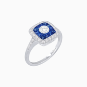 Vintage Platinum (PT950) Ring with Old-Cut Diamond, Round Diamonds & Blue Sapphire Halo, Milgrain Detailed