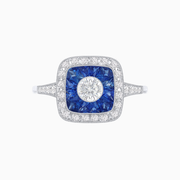 Vintage Platinum (PT950) Ring with Old-Cut Diamond, Round Diamonds & Blue Sapphire Halo, Milgrain Detailed