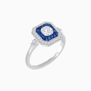 Art Deco Style Cushion Old Cut Diamond & French Cut Sapphire Halo Ring in Platinum