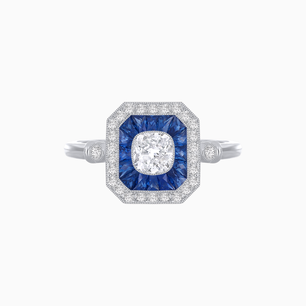 Art Deco Style Cushion Old Cut Diamond & French Cut Sapphire Halo Ring in Platinum