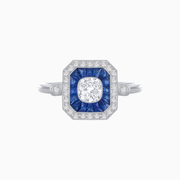 Art Deco Style Cushion Old Cut Diamond & French Cut Sapphire Halo Ring in Platinum