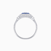 Art Deco Style Cushion Old Cut Diamond & French Cut Sapphire Halo Ring in Platinum