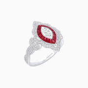 Vintage-Style Platinum Marquise Diamond & French Cut Ruby Ring with Handcrafted Milgrain