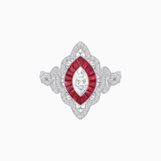 Vintage-Style Platinum Marquise Diamond & French Cut Ruby Ring with Handcrafted Milgrain