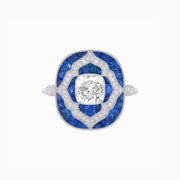 Platinum Cushion Cut Diamond Ring with Calibre-Cut Sapphire Halo