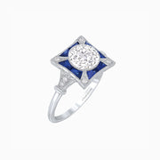 Platinum Art Deco Style Starburst Ring with Old European Cut Diamond and Calibre-Cut Sapphires