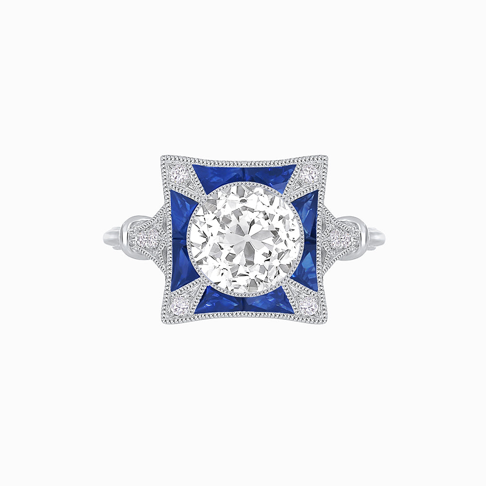 Platinum Art Deco Style Starburst Ring with Old European Cut Diamond and Calibre-Cut Sapphires