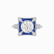 Platinum Art Deco Style Starburst Ring with Old European Cut Diamond and Calibre-Cut Sapphires