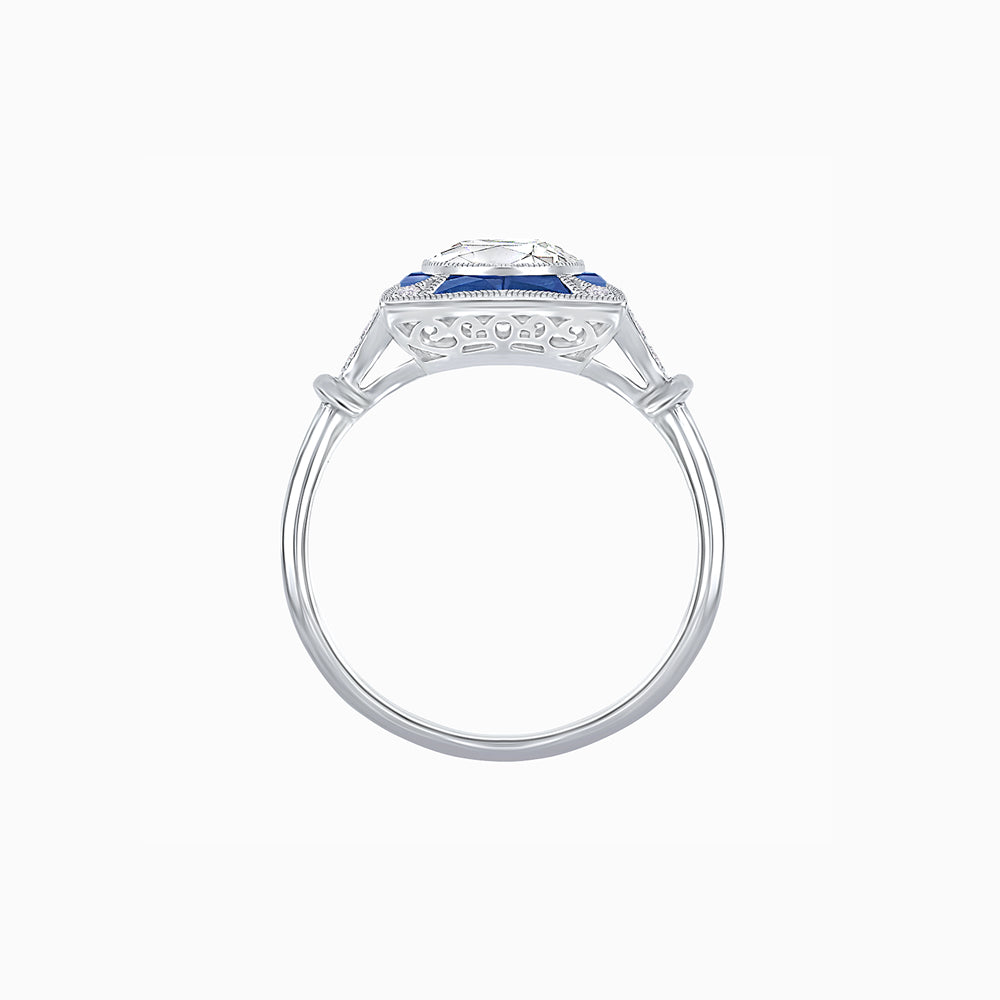 Platinum Art Deco Style Starburst Ring with Old European Cut Diamond and Calibre-Cut Sapphires