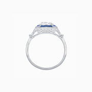 Platinum Art Deco Style Starburst Ring with Old European Cut Diamond and Calibre-Cut Sapphires