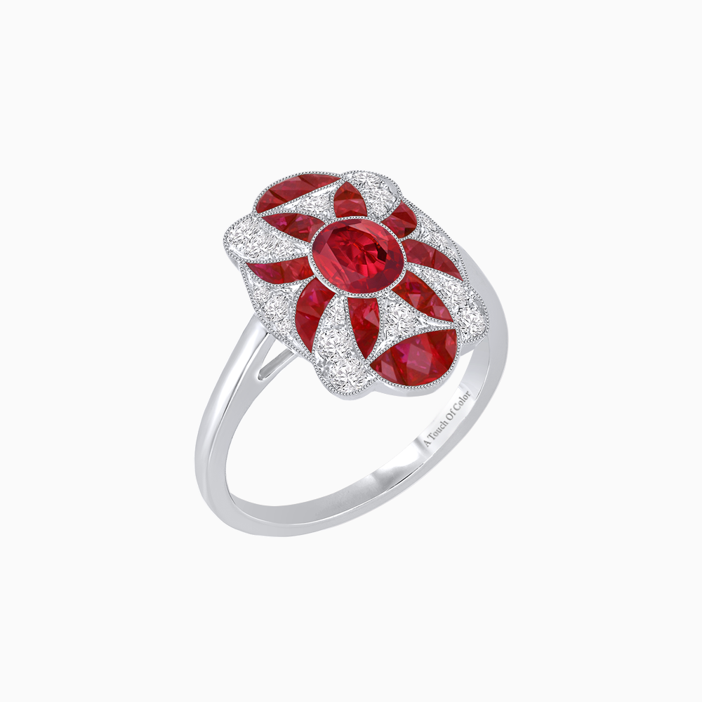 Platinum Art Deco–Inspired Ruby & Diamond Ring with Milgrain & Geometric Motifs