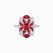 Platinum Art Deco–Inspired Ruby & Diamond Ring with Milgrain & Geometric Motifs