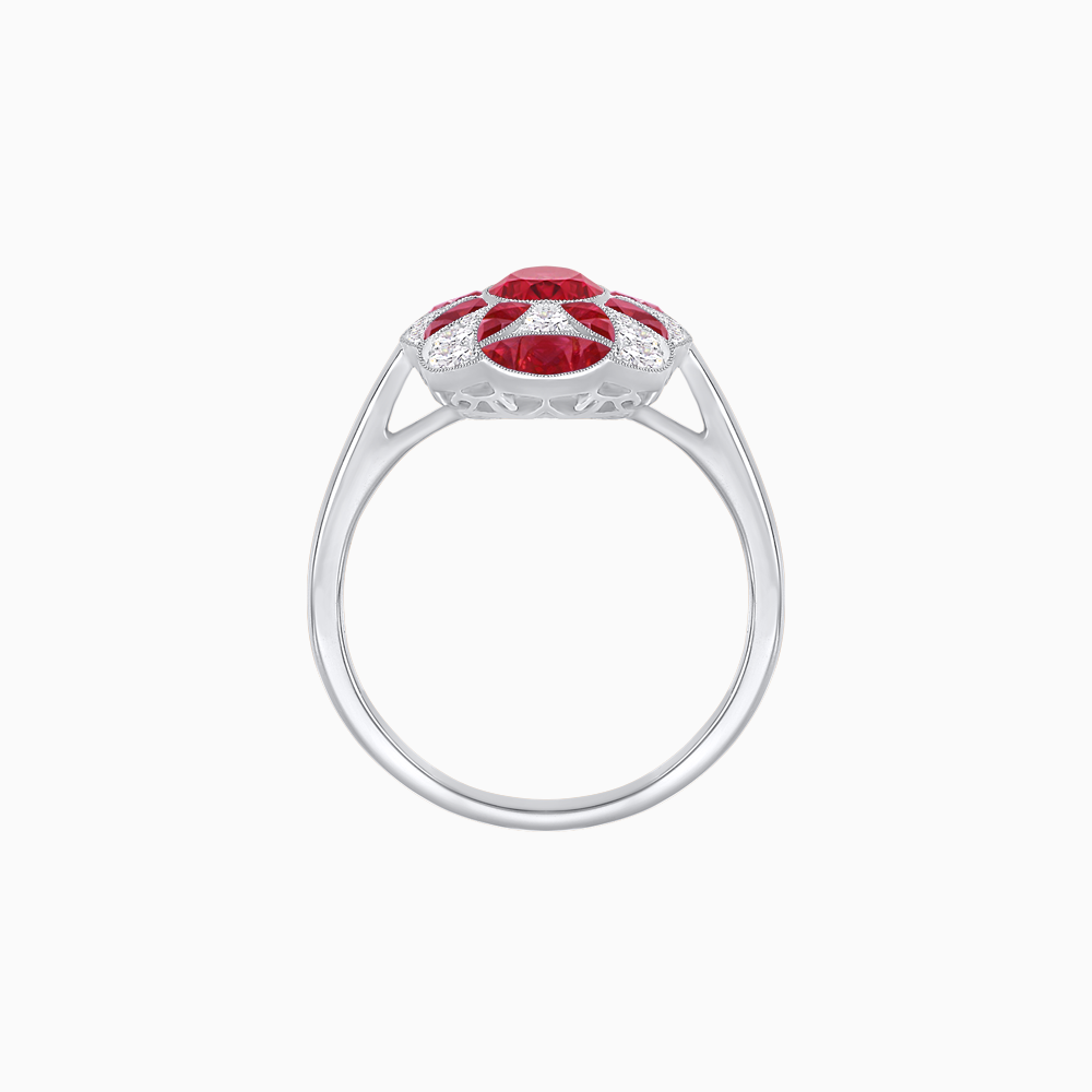 Platinum Art Deco–Inspired Ruby & Diamond Ring with Milgrain & Geometric Motifs