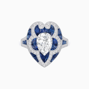 Platinum Pear-Shaped Diamond & Calibre Cut Sapphire Ring with Vintage-Inspired Milgrain Detailing