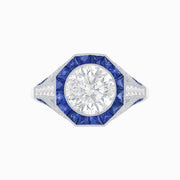 Art Deco–Inspired Platinum Diamond & Blue Sapphire Halo Ring with Handcrafted Milgrain