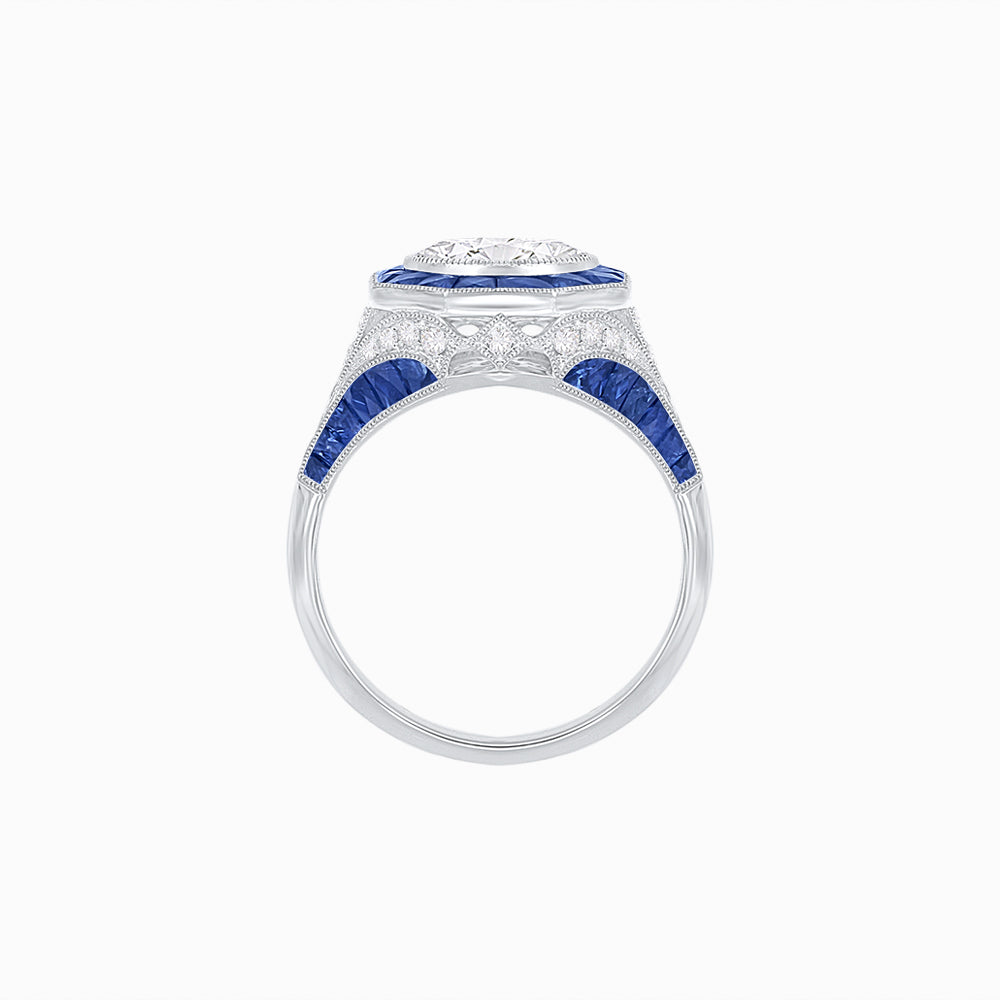 Art Deco–Inspired Platinum Diamond & Blue Sapphire Halo Ring with Handcrafted Milgrain