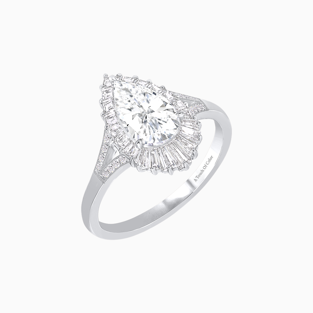 Platinum Pear-Shaped Diamond Ring with Tapered Baguette & Square Diamond Halo, Split Shank & Handcrafted Milgrain