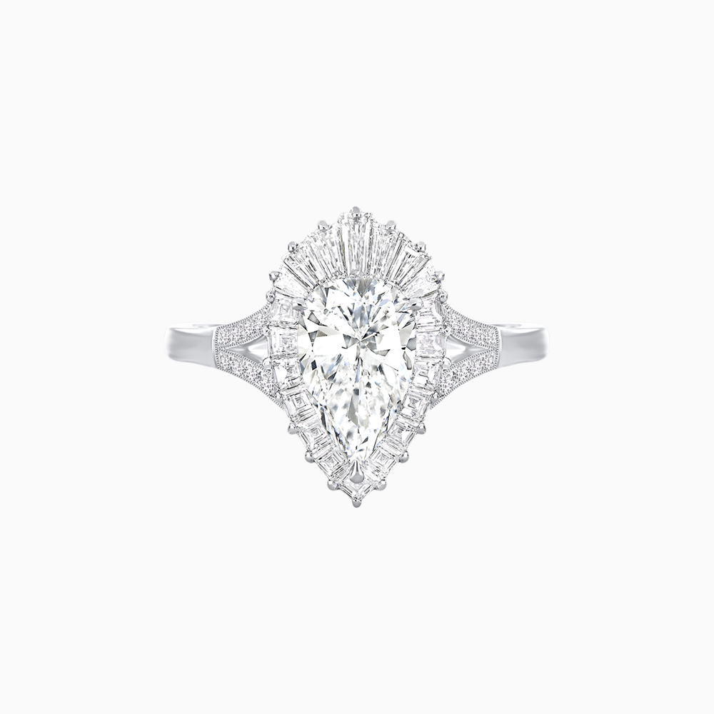 Platinum Pear-Shaped Diamond Ring with Tapered Baguette & Square Diamond Halo, Split Shank & Handcrafted Milgrain