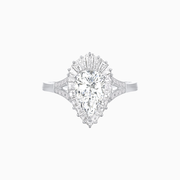 Platinum Pear-Shaped Diamond Ring with Tapered Baguette & Square Diamond Halo, Split Shank & Handcrafted Milgrain