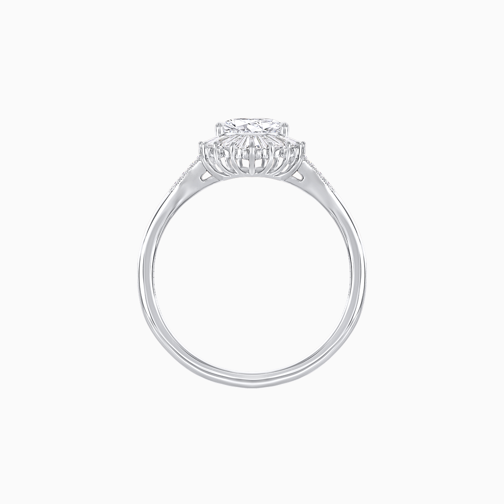 Platinum Pear-Shaped Diamond Ring with Tapered Baguette & Square Diamond Halo, Split Shank & Handcrafted Milgrain