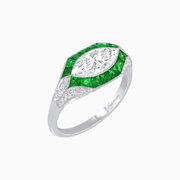 Art Deco Style Marquise Diamond & French Cut Emerald PT950 Ring with Handcrafted Milgrain