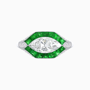 Art Deco Style Marquise Diamond & French Cut Emerald PT950 Ring with Handcrafted Milgrain