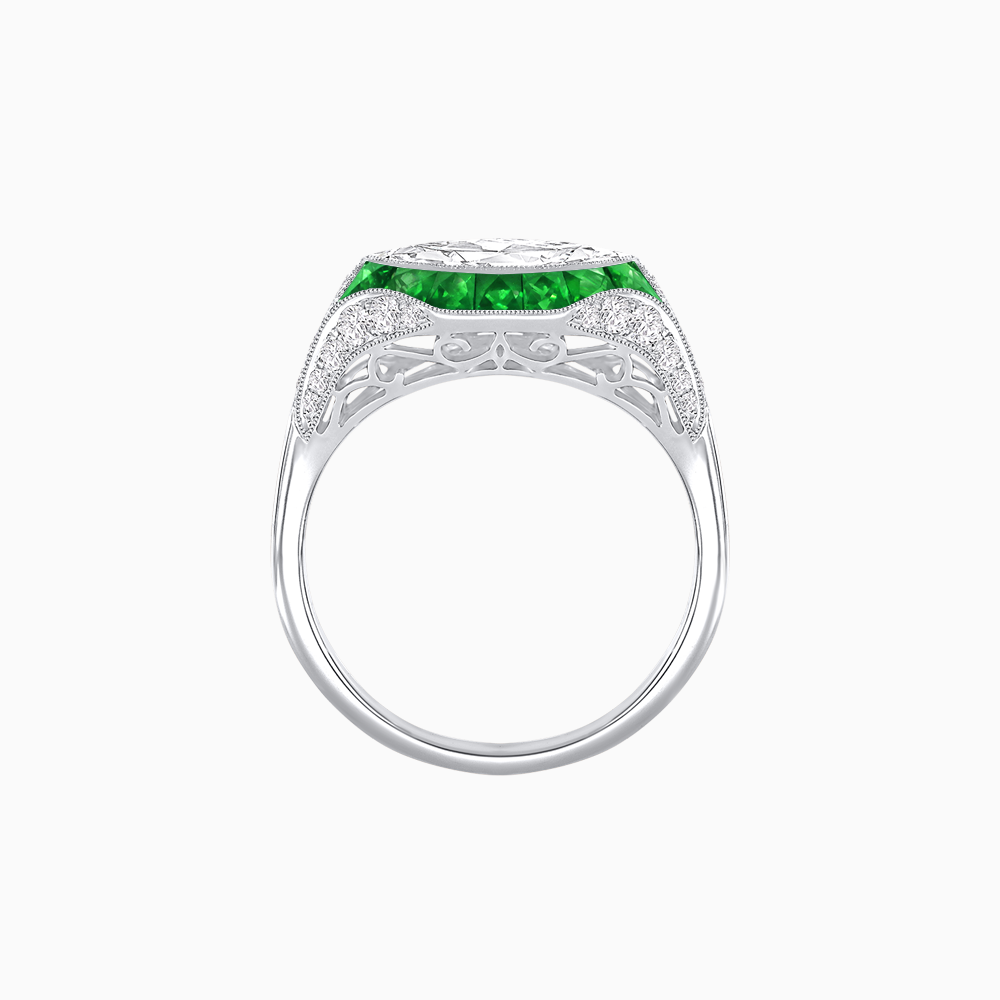 Art Deco Style Marquise Diamond & French Cut Emerald PT950 Ring with Handcrafted Milgrain