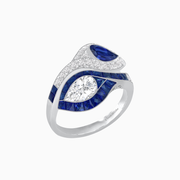 Artistic Dual-Stone Platinum Ring with Pear-Shaped Diamond & Sapphire