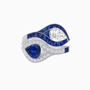 Artistic Dual-Stone Platinum Ring with Pear-Shaped Diamond & Sapphire