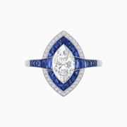 Platinum Marquise Diamond and French Cut Blue Sapphire Halo Ring