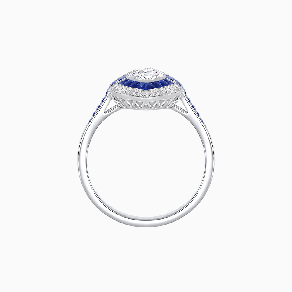 Platinum Marquise Diamond and French Cut Blue Sapphire Halo Ring