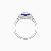 Platinum Marquise Diamond and French Cut Blue Sapphire Halo Ring