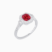 Platinum Cushion-Cut Ruby Ring with Diamond Halo & Baguette Accents