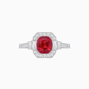 Platinum Cushion-Cut Ruby Ring with Diamond Halo & Baguette Accents