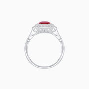 Platinum Cushion-Cut Ruby Ring with Diamond Halo & Baguette Accents