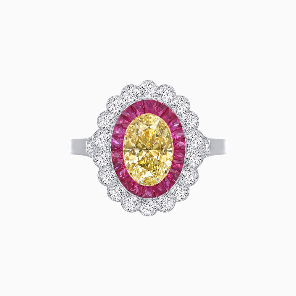 Oval Fancy Yellow Diamond Ring with French Cut Rubies & Diamond Cluster Halo in Platinum and 18K Yellow Gold