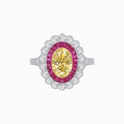 Oval Fancy Yellow Diamond Ring with French Cut Rubies & Diamond Cluster Halo in Platinum and 18K Yellow Gold