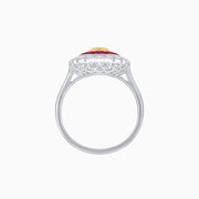 Oval Fancy Yellow Diamond Ring with French Cut Rubies & Diamond Cluster Halo in Platinum and 18K Yellow Gold