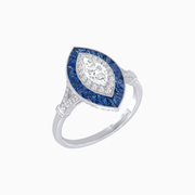 Vintage Platinum (PT950) Marquise Diamond & French-Cut Blue Sapphire Ring with Milgrain and Split Shank Design