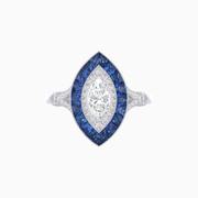 Vintage Platinum (PT950) Marquise Diamond & French-Cut Blue Sapphire Ring with Milgrain and Split Shank Design